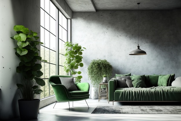 The concrete room of a loft style home is furnished with a green sofa and other items