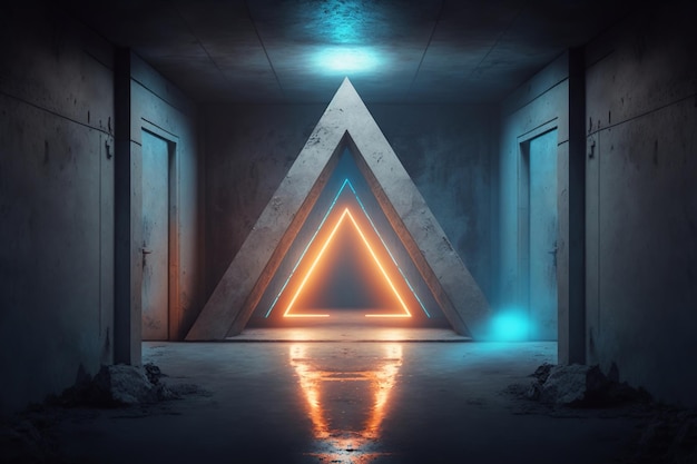 Concrete room with triangle portal illuminated by blue and orange neon light Created Using Generative AI