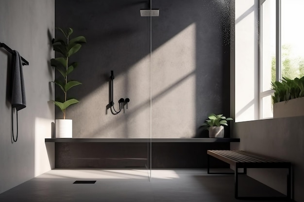 Concrete shower bench in modern luxury black gray bathroom