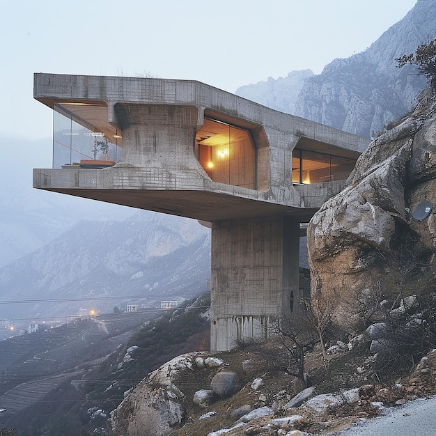 a concrete structure with a light on it is near a mountain