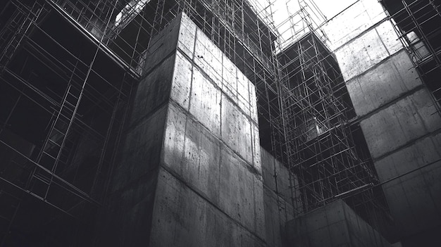 Concrete structures of a building construction with scaffolding