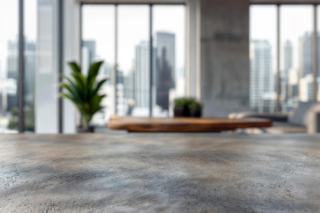 Concrete table leading to a blurred modern living room with cityscape view