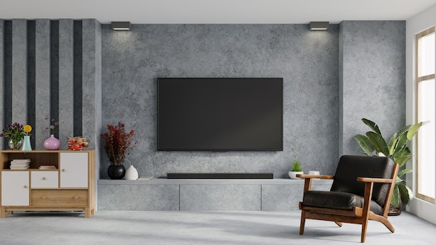 Photo concrete tv cabinet in living room with leather armchair and decoration minimal3d rendering