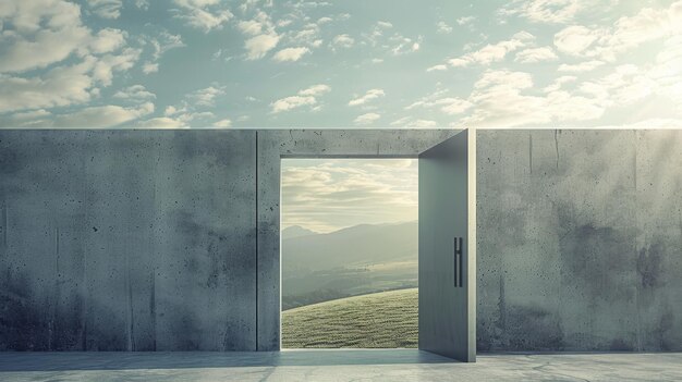 Concrete wall in the center of a scenic landscape with an open door leading to an imaginary room