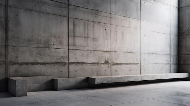 A concrete wall with a concrete wall and a bench in the middle.