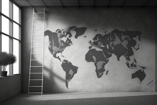 Concrete wall with ladder and world map Generative AI