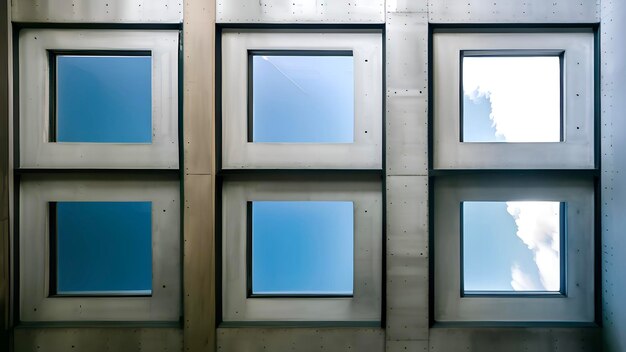 A concrete wall with windows and a sky background