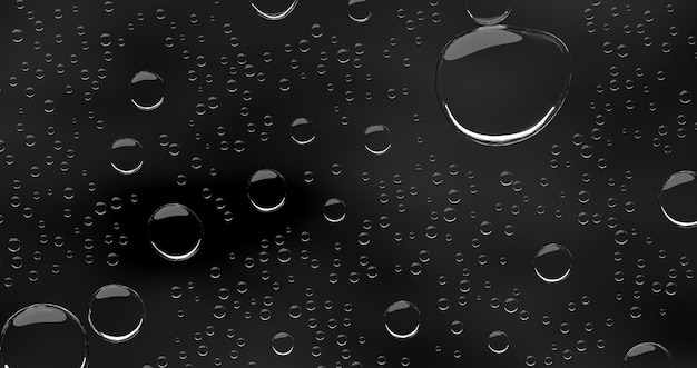 Condensation water drops on black glass background 3D render Realistic clear droplets of dew or rain with light reflection on dark window surface Pure liquid texture wet pattern