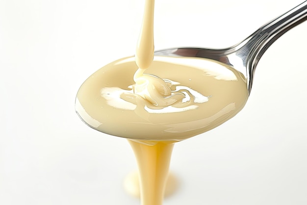 Photo condensed milk on spoon white background