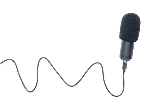 Condenser microphone with wire isolated on white surface