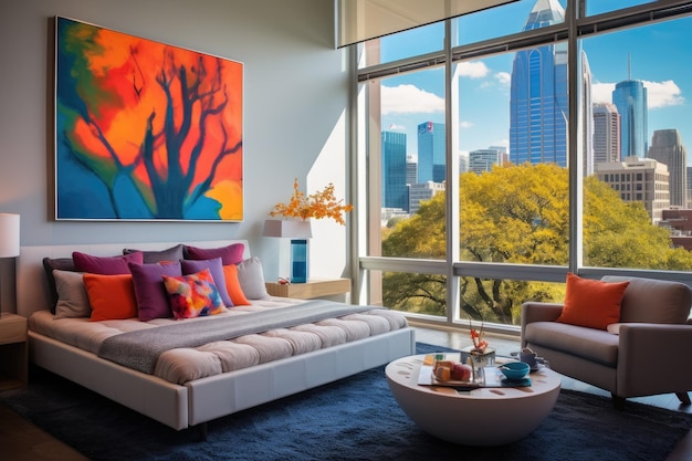 Condo or hotel located in Austin Texas featuring a modern and contemporary bedroom with a scenic vie