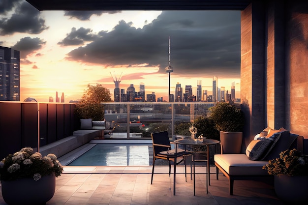 Condo with pool and view of the city skyline from the rooftop terrace