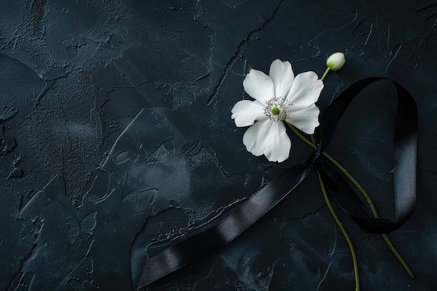 Photo condolence background funeral symbols with white flower and black ribbon on sorrowful black