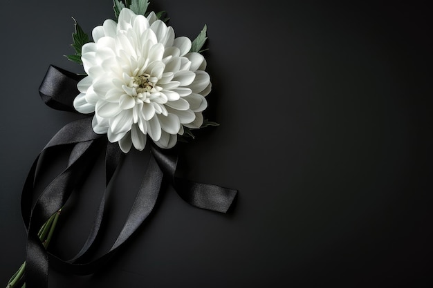 Photo condolence background white flower and black ribbon in funeral symbol on sorrowful cemetery scene