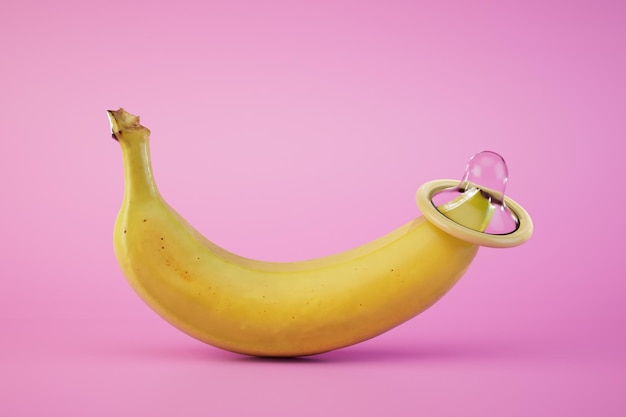 A condom worn on the tip of a banana on a pastel background 3D render