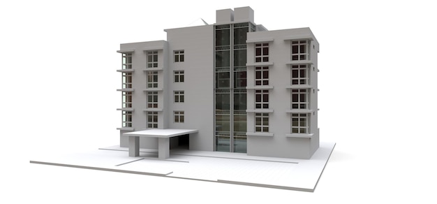 Condominium model in white color with transparent glasses Apartment house 3d rendering