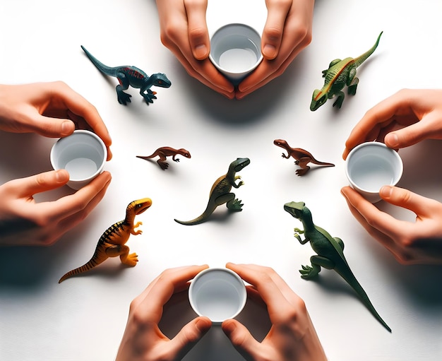 Photo conducting a tea ceremony for toy dinosaurs tiny cups filled with water are carefully placed