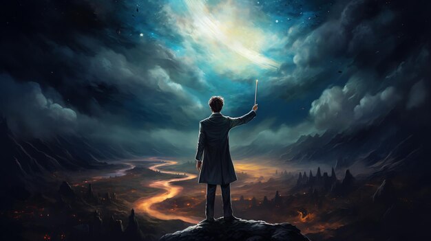 The conductor holding baton standing against night