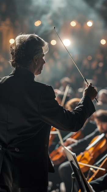 Conductor Leading Orchestra Performance Under Stage Lights