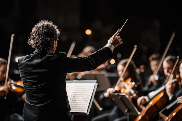 A conductor passionately leads an orchestra guiding musicians through a captivating symphony in a dimly lit concert hall filled with anticipation