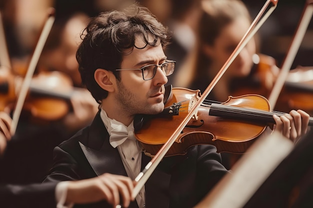 a conductor plays the violin in front of a group of other musicians