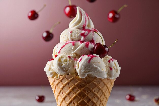 A cone of cherry vanilla ice cream