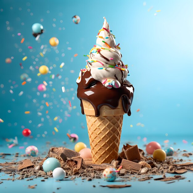 cone ice cream with chocolate dip and sprinkles ultradetailed images with sharp lines and textures