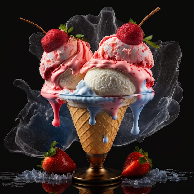 A cone of ice cream with two strawberries on top and a strawberry on top.