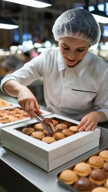 Confectionery factory worker packing pastry into box