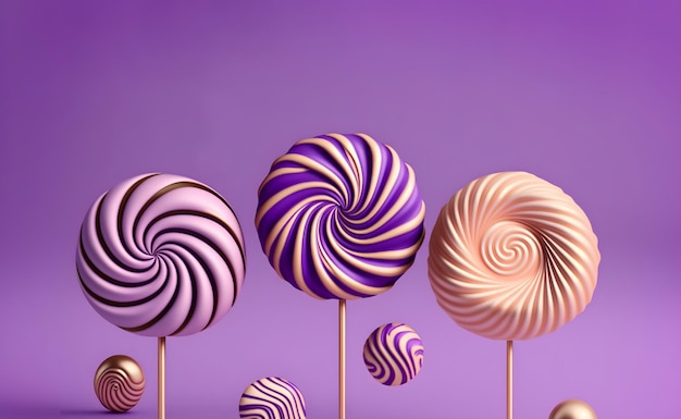 Confectionery Illustration of cute lollipops on purple background with copy space Generative AI