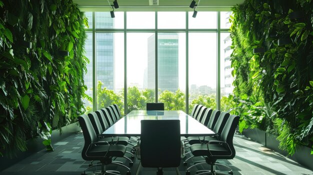 Photo conference empty room in a sustainable office space large windows overlooking greenery