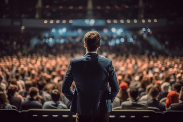 In the conference hall speaker presentations at Business Conference blurred people background