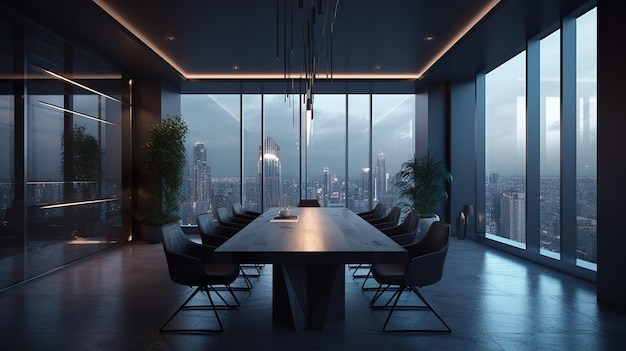 Conference room modern interior design Dark office with lights panoramic windows with city view table and chairs Contemporary workspace with furniture illustration background Generative AI