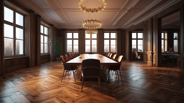 Conference room modern interior design Luxury office with large chandeliers wooden parquet windows table and chairs Contemporary workspace with furniture illustration background Generative AI