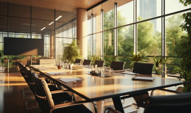 Conference room for seminar or business meeting in business empty room sun glare AI generation