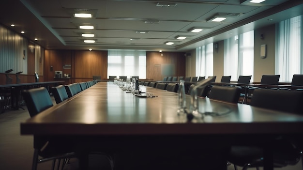 Conference room A spacious room equipped with a large desk AI generated