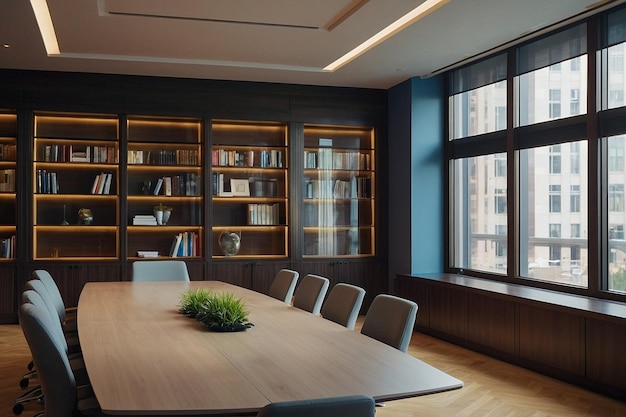 Conference room with builtin shelves large table