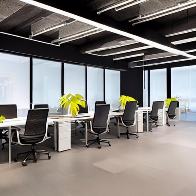 a conference room with a bunch of chairs and a monitor with a palm tree on the top