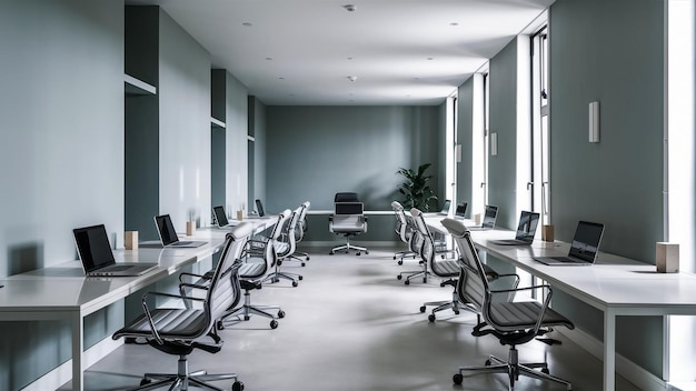 a conference room with chairs and a desk with a chair in it