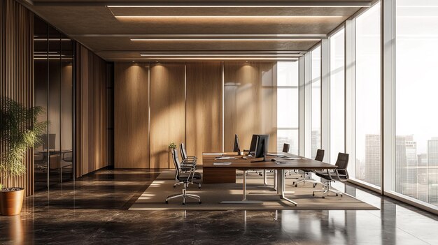 a conference room with chairs and a large window