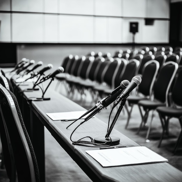 a conference room with chairs and microphones on the table