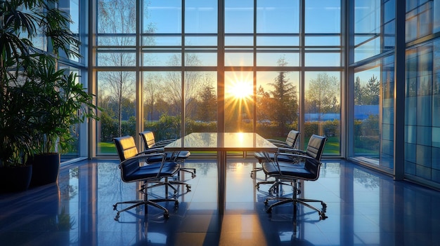 Photo a conference room with chairs and a sun setting behind them