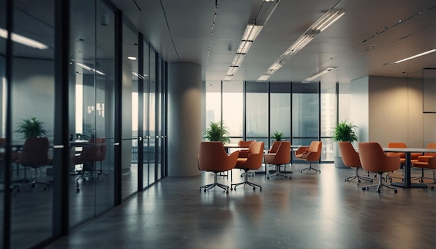 a conference room with chairs and a table with plants in it