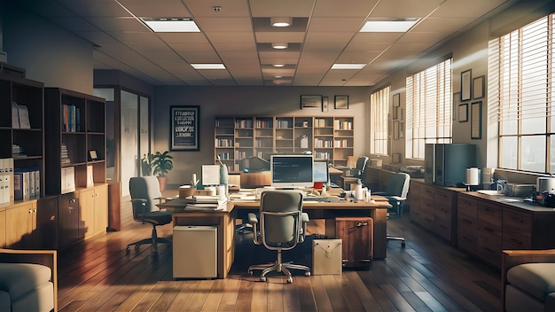 a conference room with a desk and chairs with a table with a laptop on it