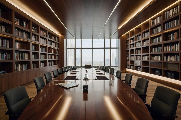 Conference room with floortoceiling bookshelves