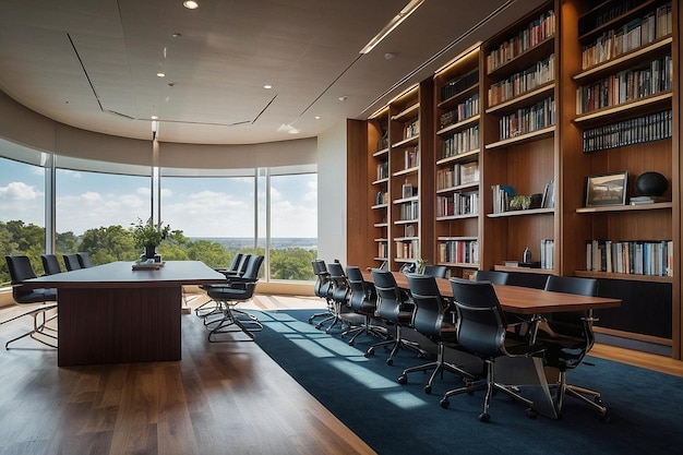 Conference room with floortoceiling bookshelves