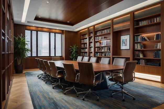 Conference room with floortoceiling bookshelves