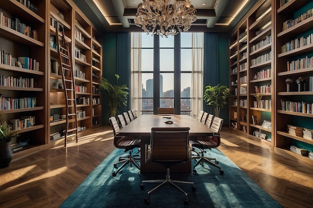 Conference room with floortoceiling bookshelves