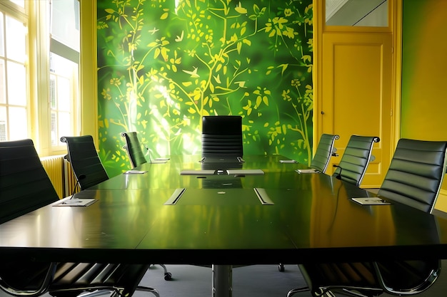 Photo a conference room with a green and yellow wallpaper