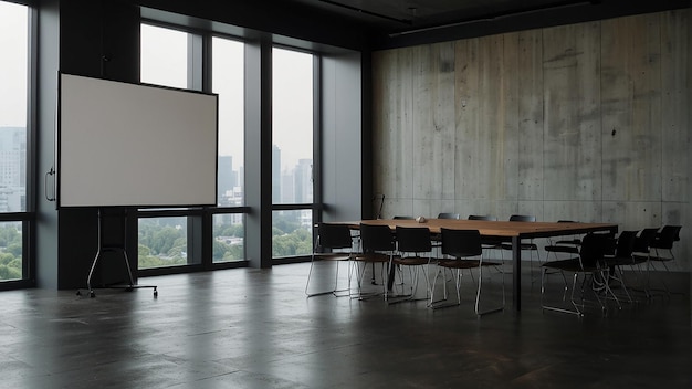 Photo a conference room with a large blank screen on the wall there is a long conference table with 8 cha